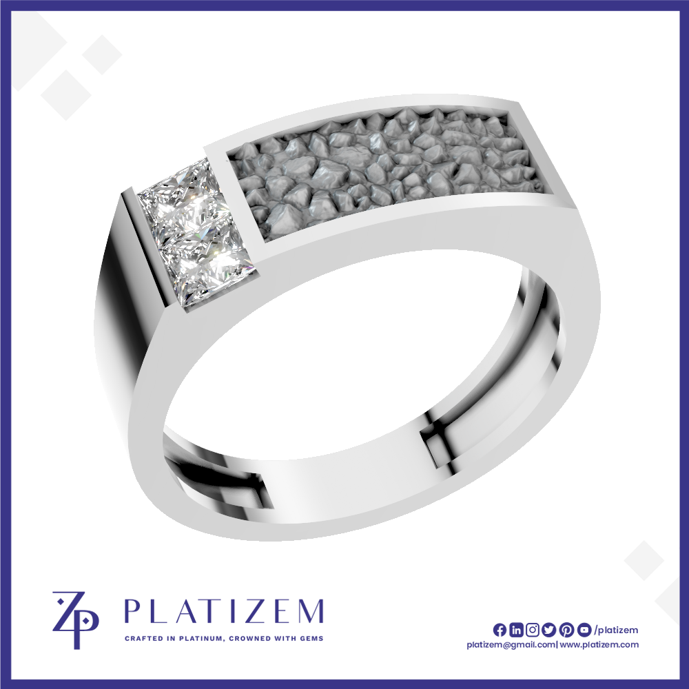 A silver-toned ring with a rectangular pavé diamond setting and a square-cut clear gemstone, shown on a white background with the Platiszem brand logo at the bottom.
