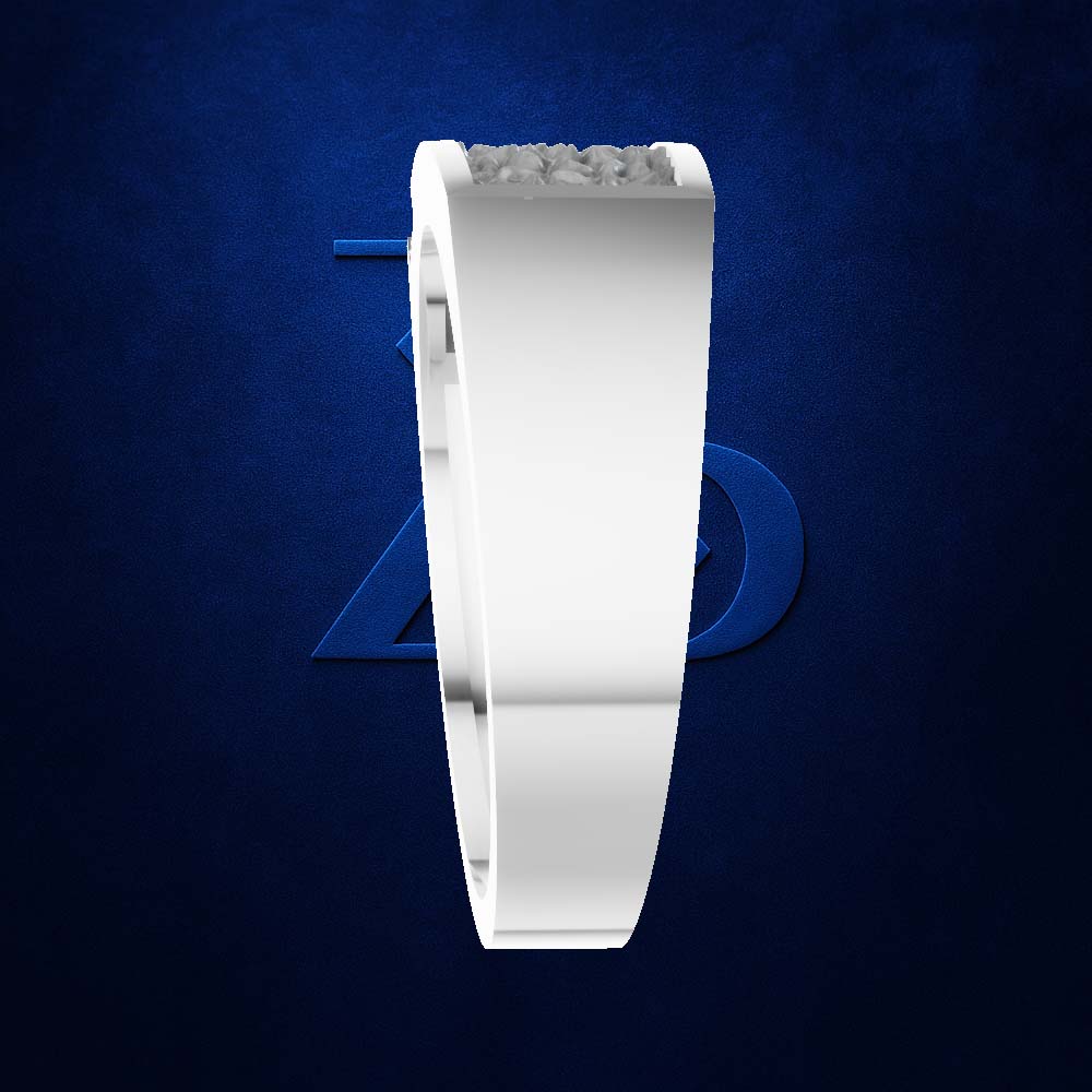 A white curved ring with a row of small clear stones across the top, shown against a dark blue textured background with a faint blue Marvel logo behind it.