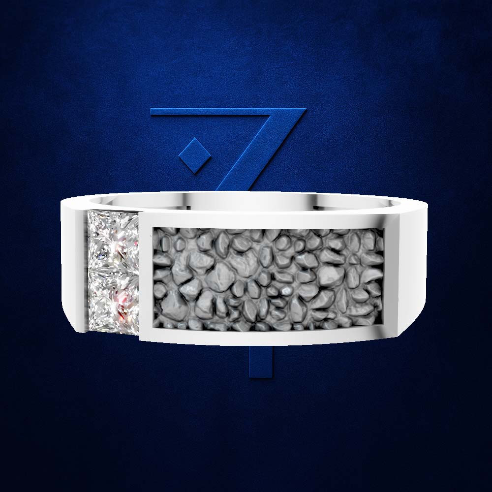 A white gold or platinum band ring featuring a split design: one side set with clear pavé diamonds and the other with a textured inlay of gray pebbles, shown against a dark blue textured background with a stylized blue number 7 behind it.