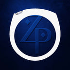 A circular white object with a recessed blue logo featuring stylized 'Z' and 'P' letters, set against a textured dark blue background.