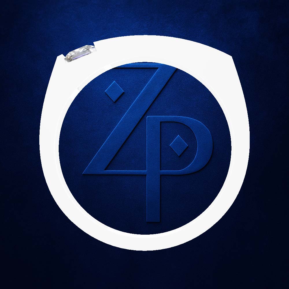 A circular white object with a recessed blue logo featuring stylized 'Z' and 'P' letters, set against a textured dark blue background.
