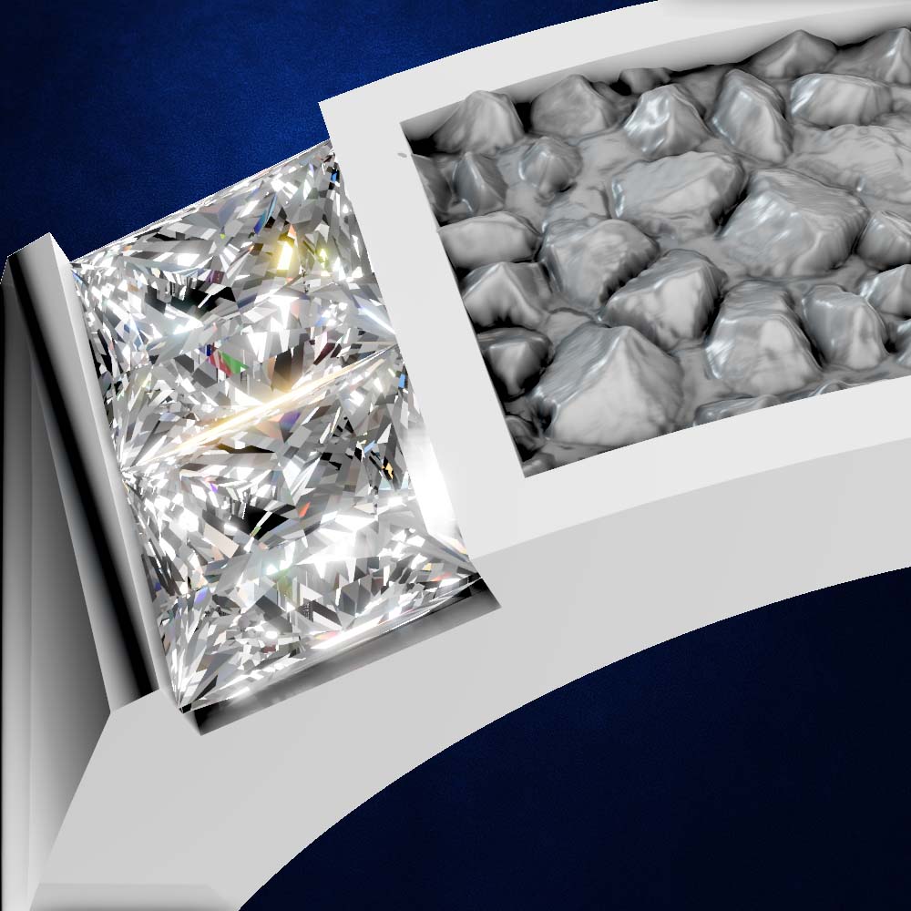 A close-up of a white gold or platinum ring setting with a brilliant-cut diamond on one side and a row of round gray gemstones on the other, set against a dark blue background.