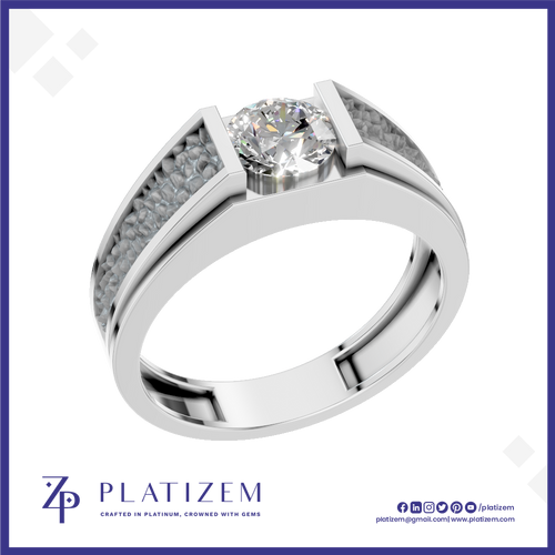 A platinum engagement ring featuring a round brilliant-cut center stone and pavé-set side stones, presented on a white background with the Platizem brand logo at the bottom.