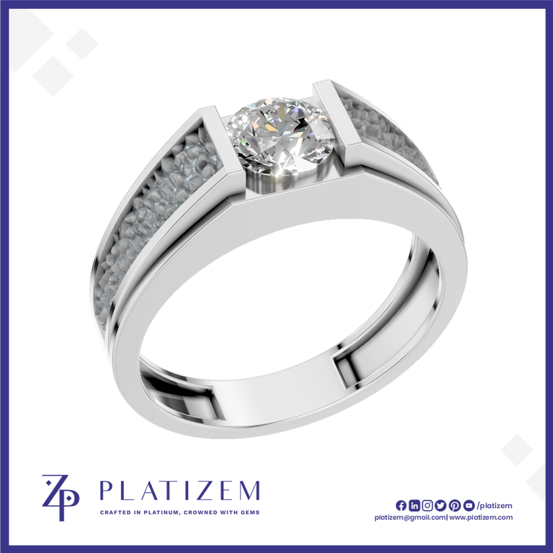 A platinum engagement ring featuring a round brilliant-cut center stone and pavé-set side stones, presented on a white background with the Platizem brand logo at the bottom.