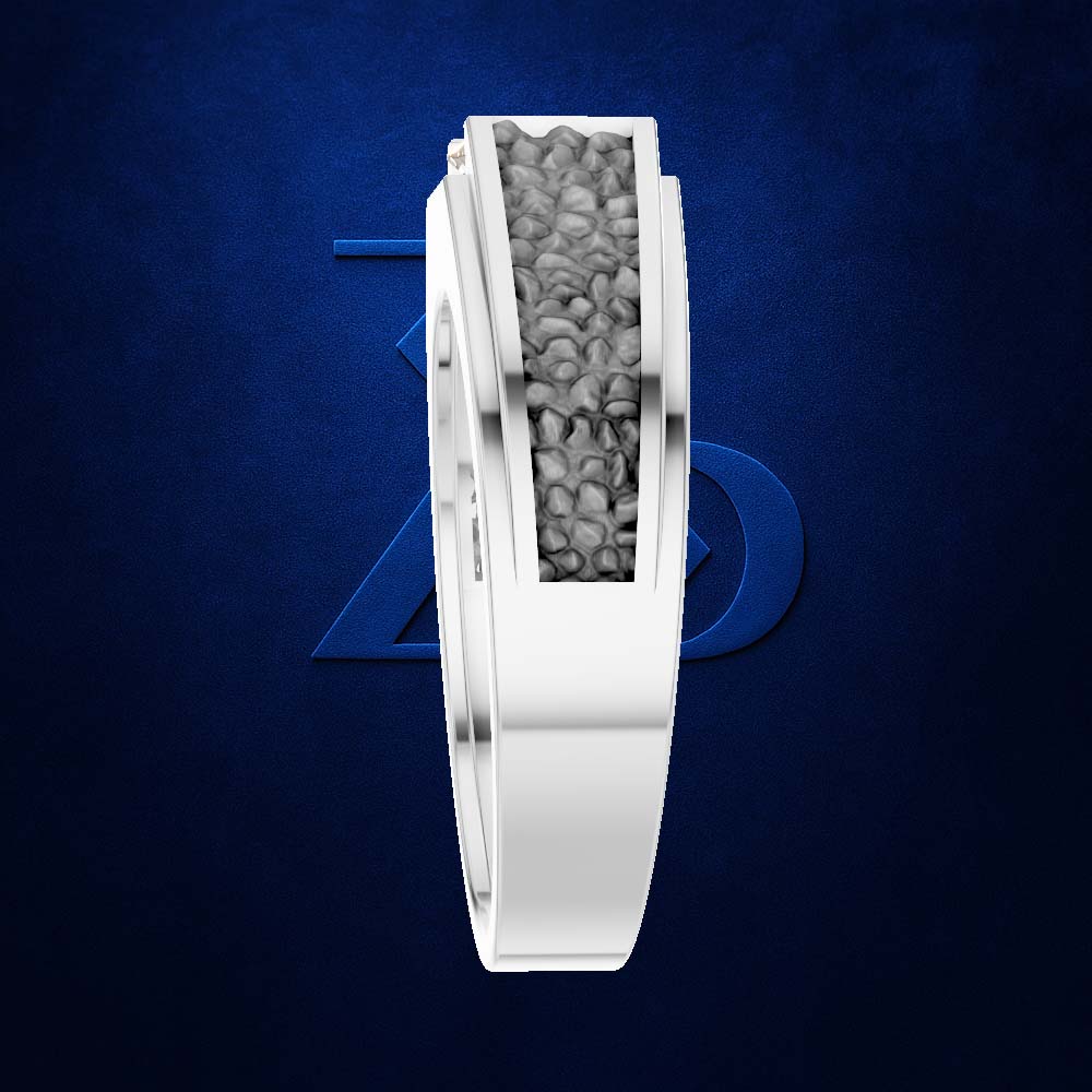 A white gold or platinum ring featuring a central channel filled with small gray stones, shown on a textured dark blue background with a subtle blue geometric logo behind it.