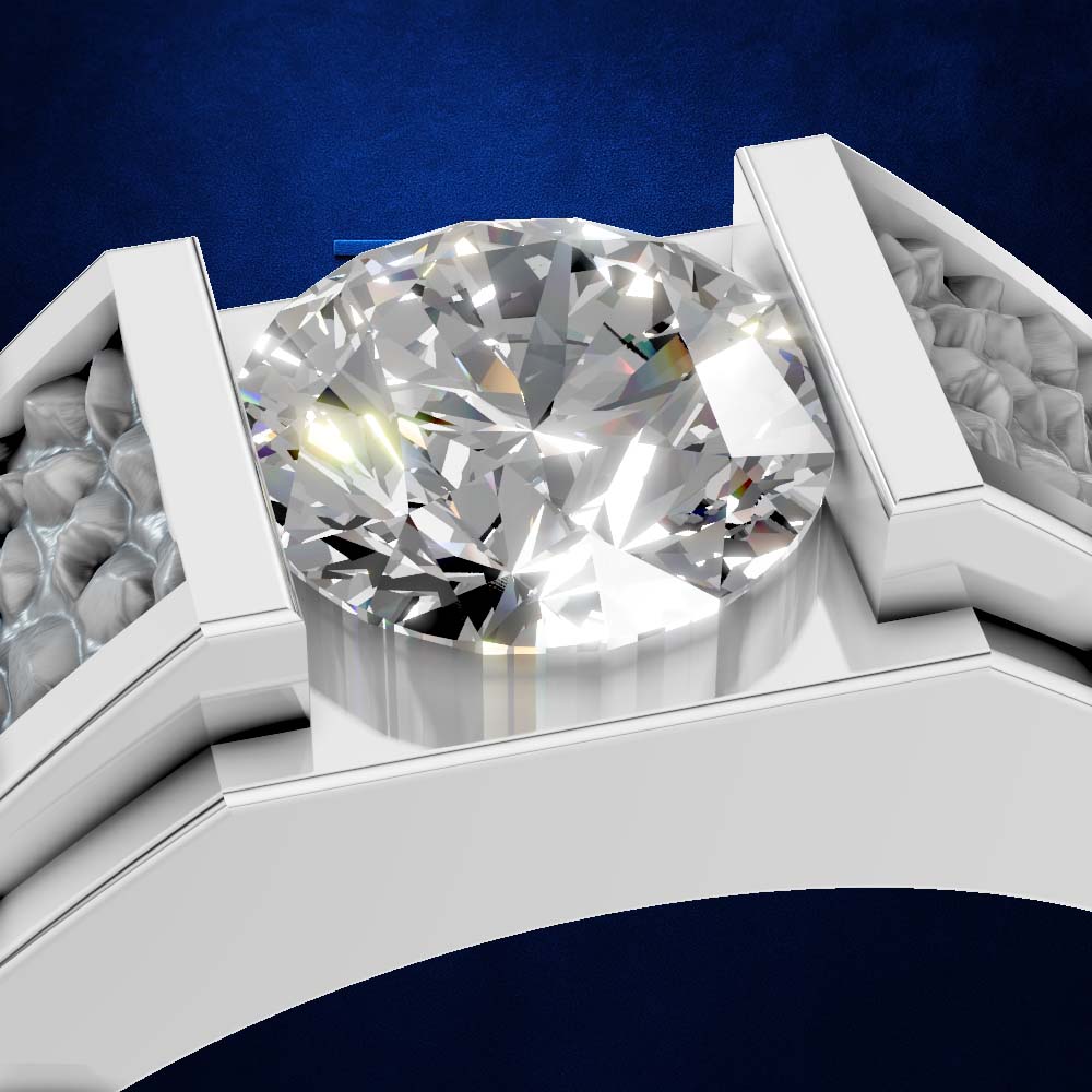 A close-up of a white gold or platinum ring featuring a large round brilliant-cut center stone, with small clear accent stones set in the shoulders, shown against a dark blue textured background.