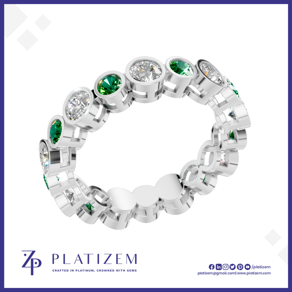 Bezel Set Lab Grown Diamonds and Emerald Wedding Band