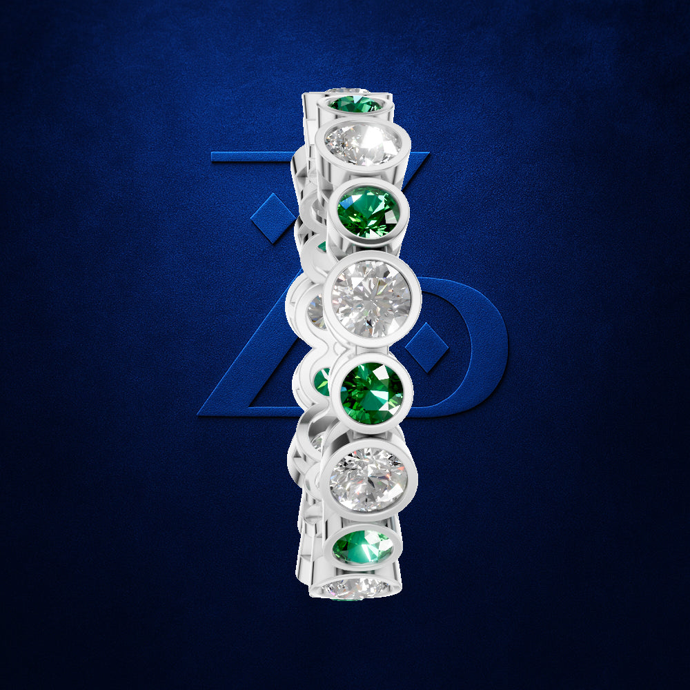 Bezel Set Lab Grown Diamonds and Emerald Wedding Band