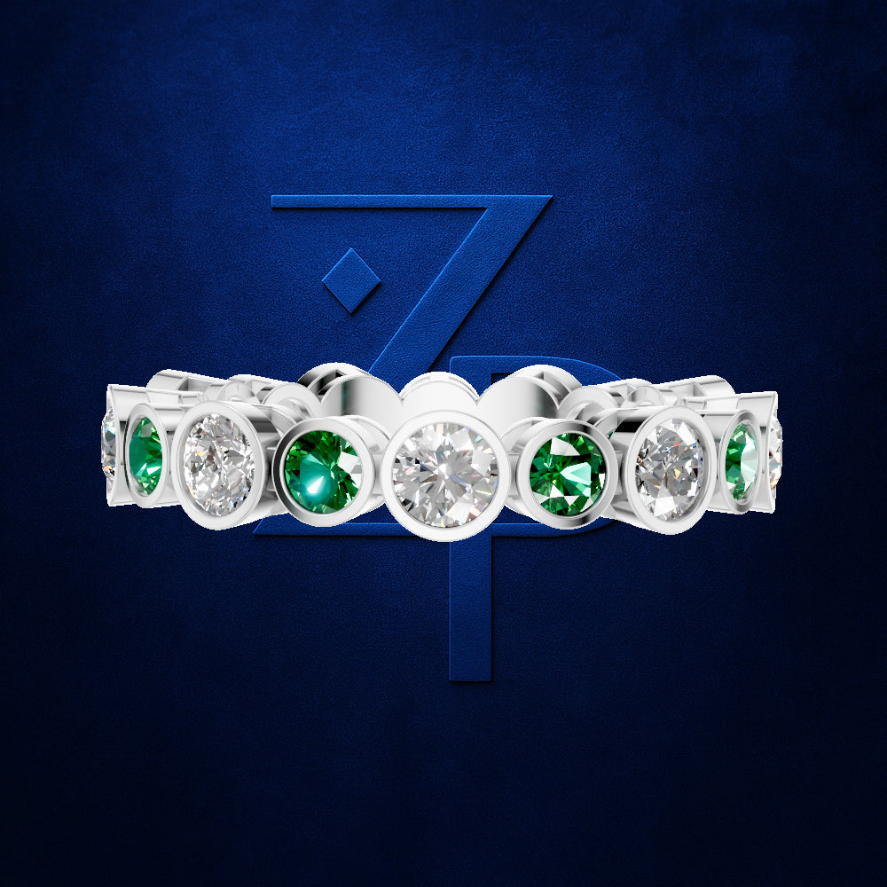 Bezel Set Lab Grown Diamonds and Emerald Wedding Band