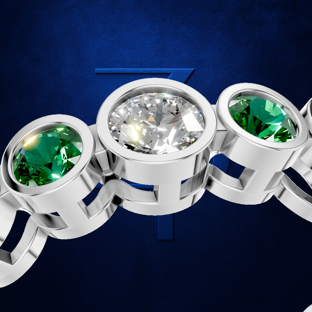 Bezel Set Lab Grown Diamonds and Emerald Wedding Band
