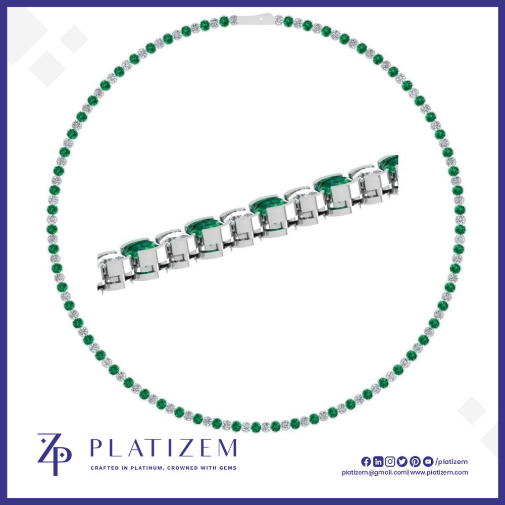 Platinum 2.5 Carat Alternating Size Diamond and Emerald Tennis Necklace for Women