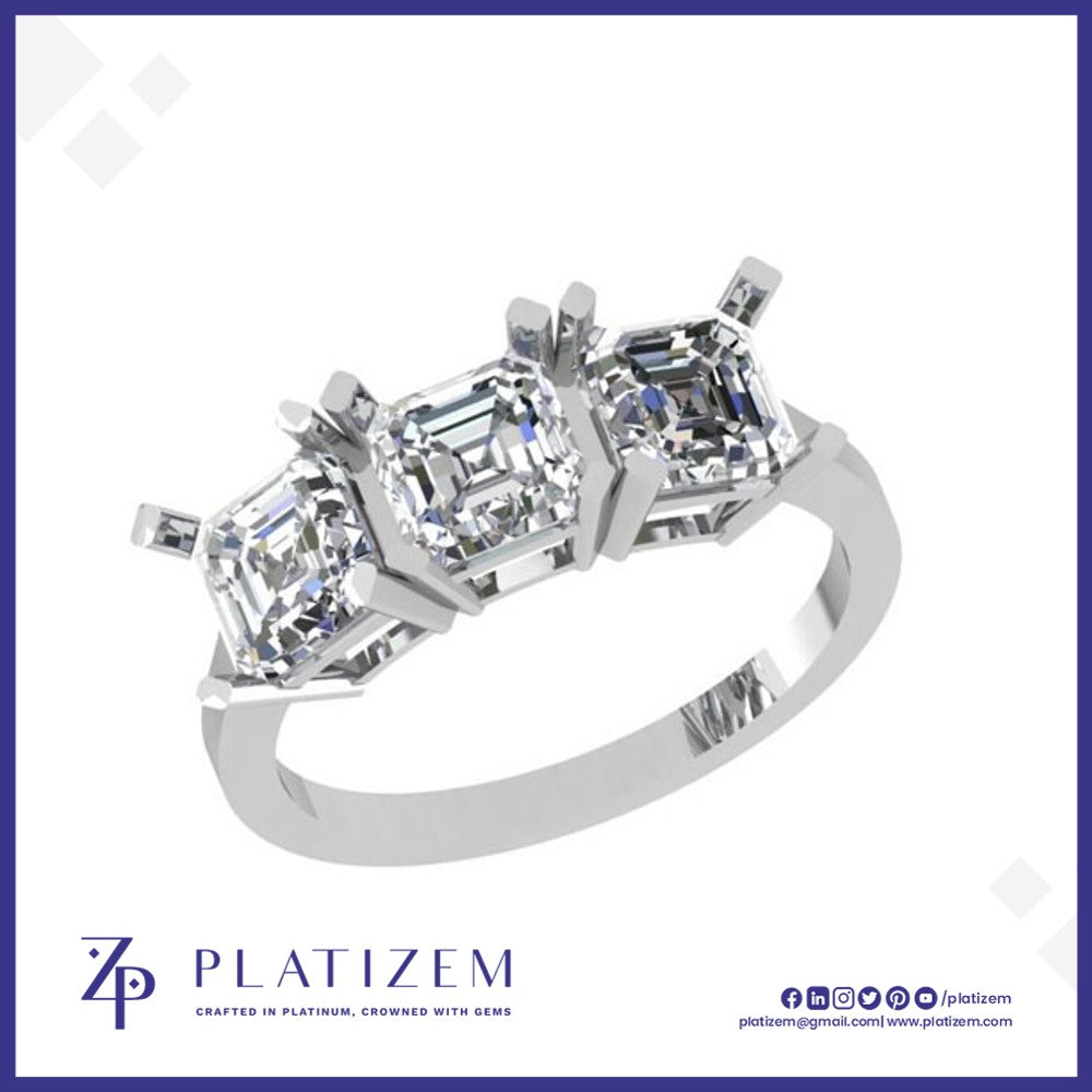 Three Equal Emerald Cut Diamonds Set Together on a Tapered Band