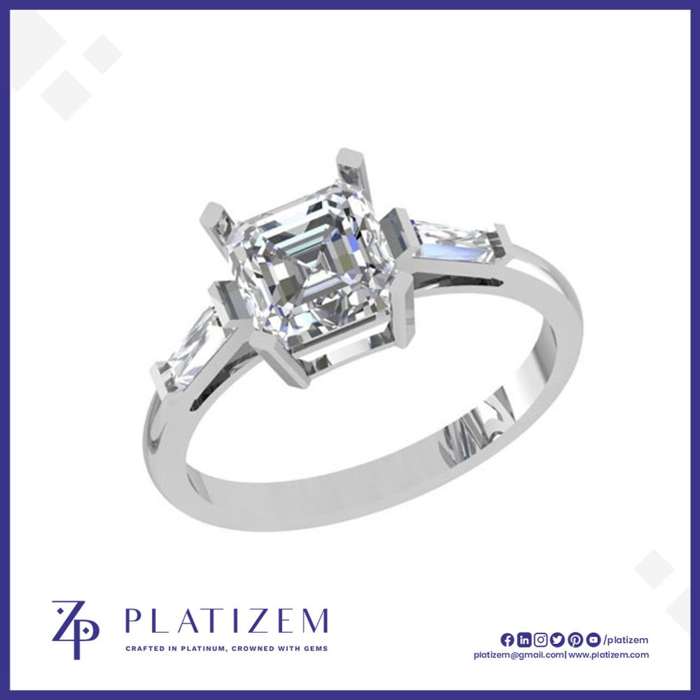 Asscher Cut Three Stone Engagement Ring with Tapered Baguettes for Women