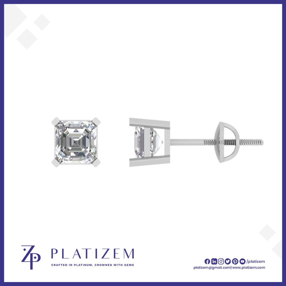 Classic Asscher Cut Diamond Studs Fastened by a Threaded Screw Back Post