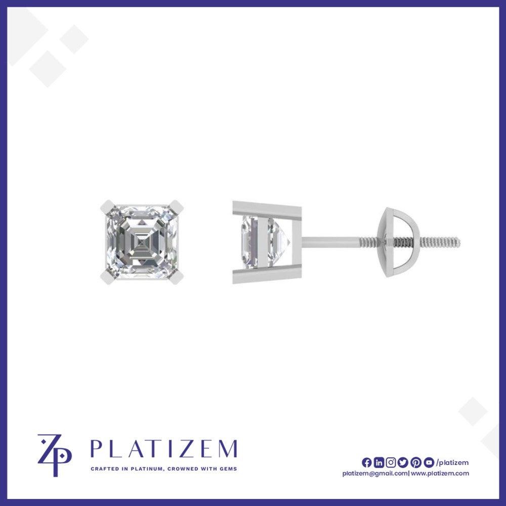 Square Asscher Cut Diamond Studs Mounted on a Secure Screw Back Fitting