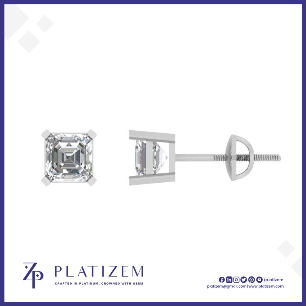Asscher Cut Diamond Studs Held in a Classic Four Prong Screw Back Mount