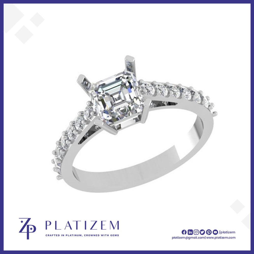 925 Silver Asscher Cut Diamond Ring with Pave Shank