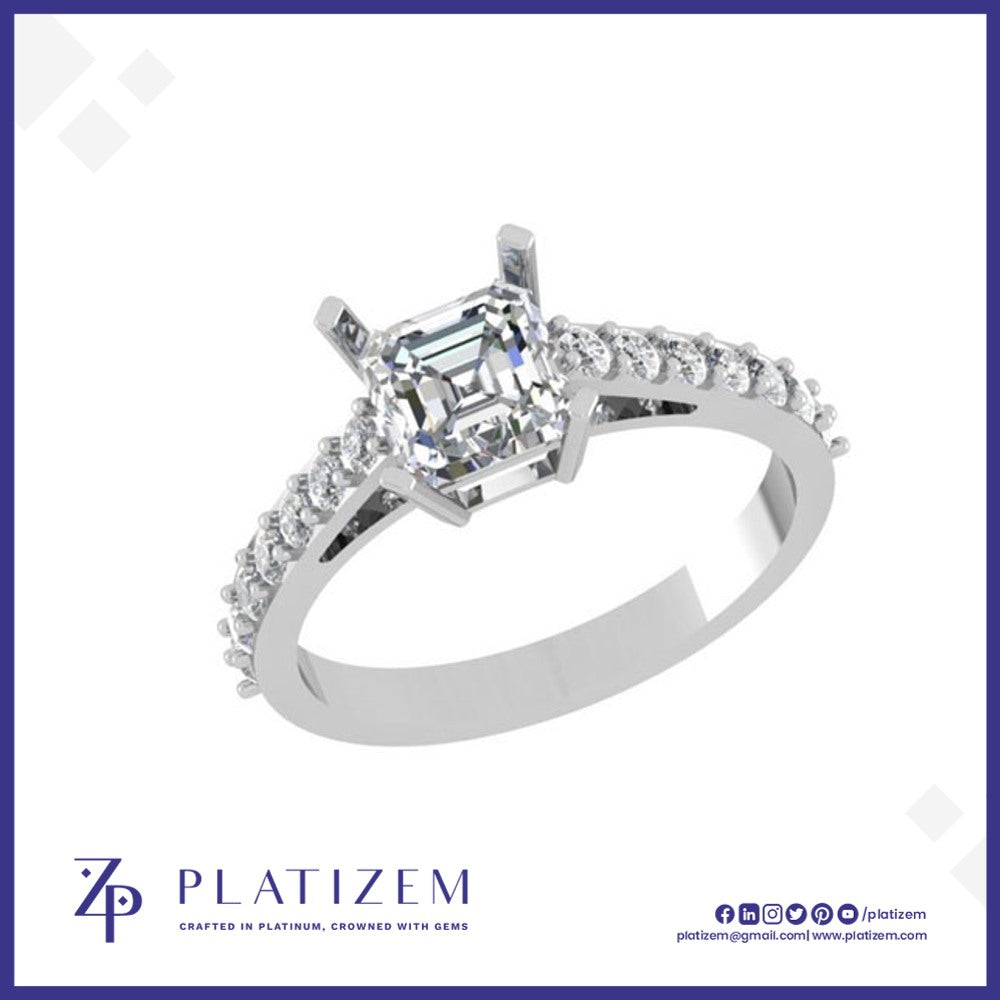 Pt950 Asscher Cut Diamond Ring with Pave Shank