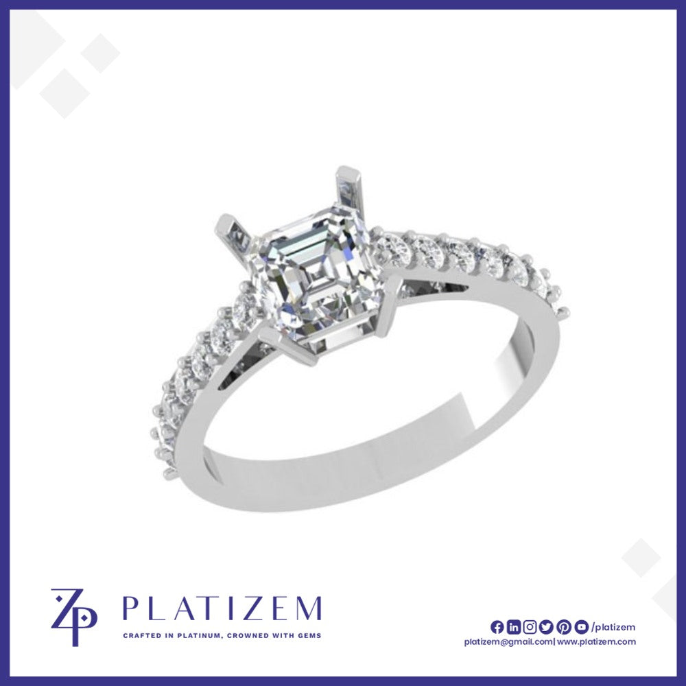 Platinum Asscher Cut Diamond Ring with Pave Shank