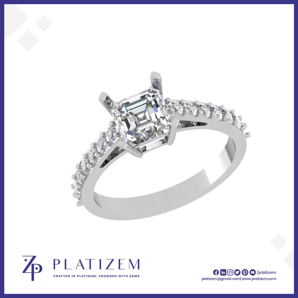 14k Asscher Cut Diamond Ring with Pave Shank