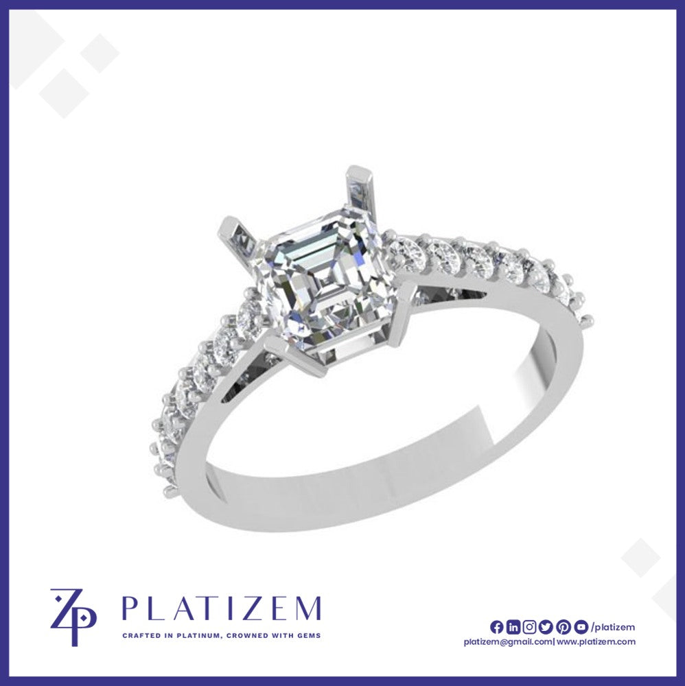 18k Asscher Cut Diamond Ring with Pave Shank