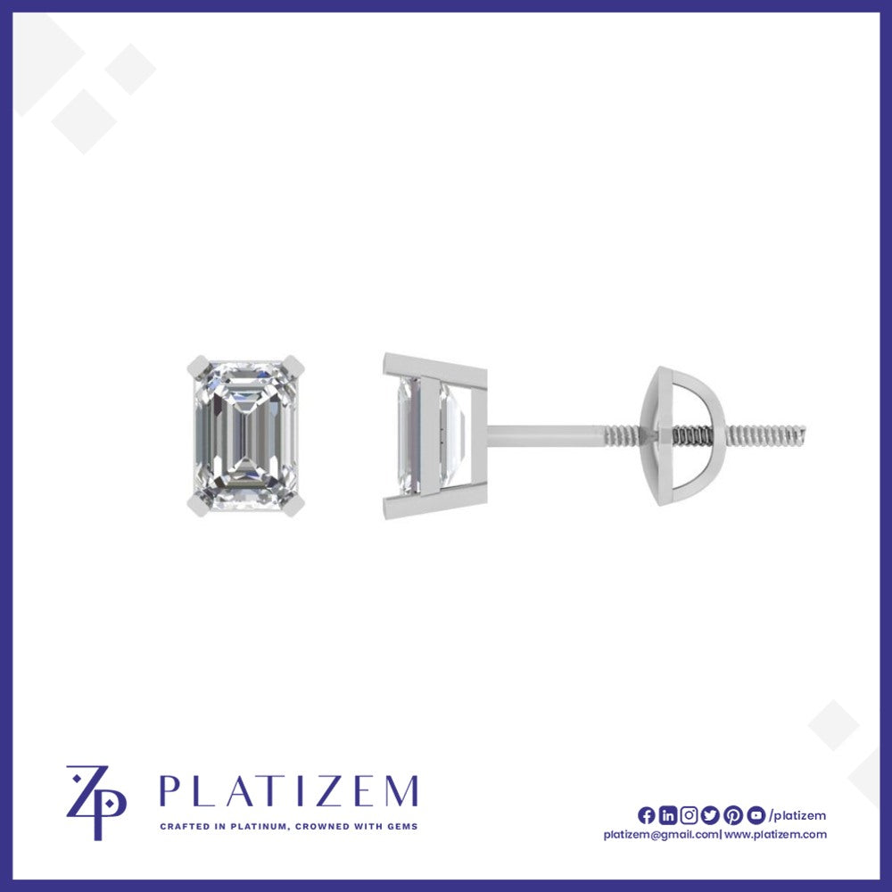 Emerald Cut Diamond Stud Earrings with Screw Back Prong Setting
