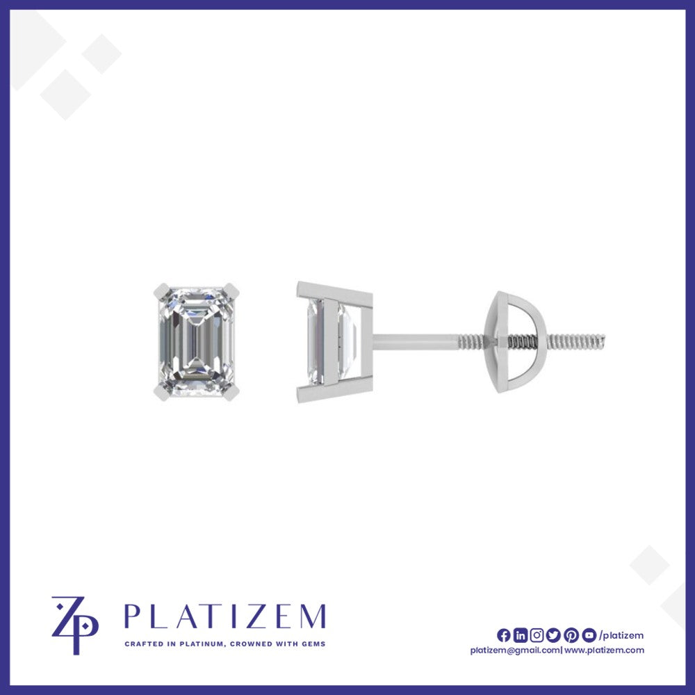 Emerald Cut Diamond Prong Set Stud Earrings with Secure Screw Back Fastening