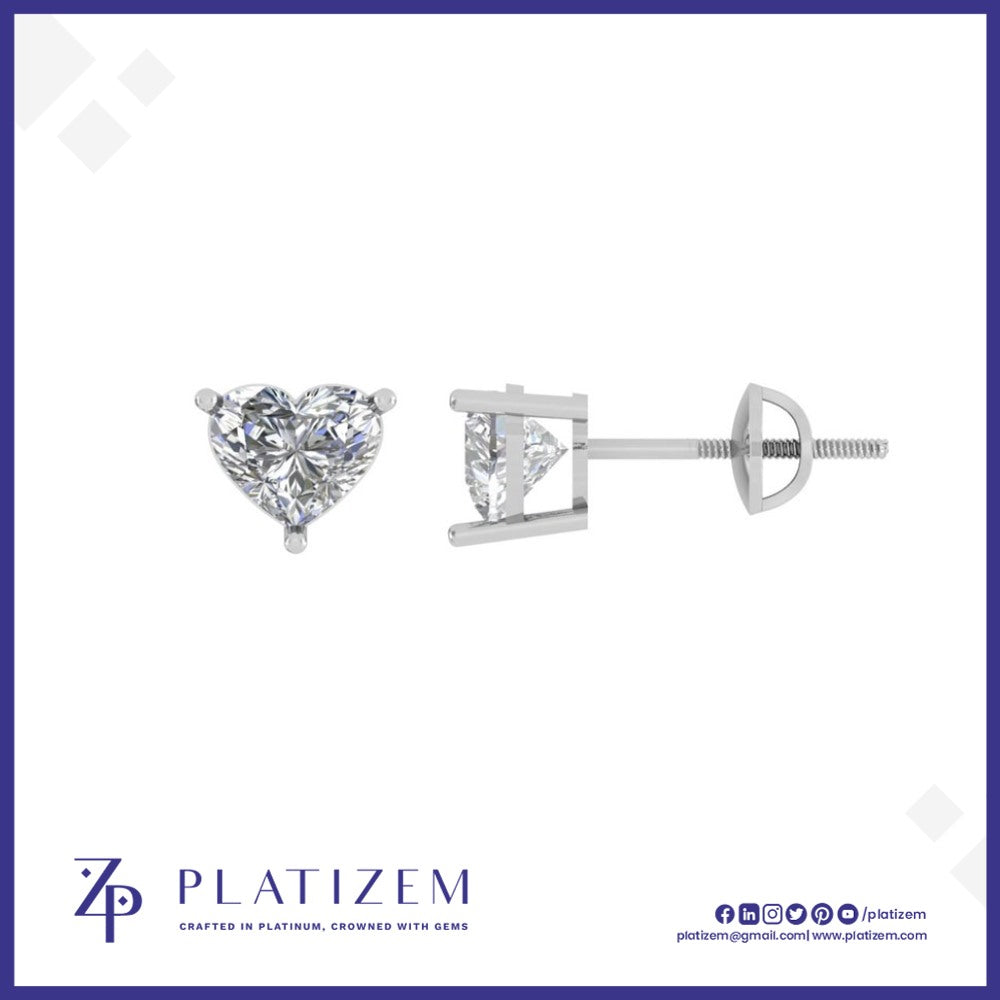 Heart Shape Diamond Studs Held by a 3-Prong Screw Back