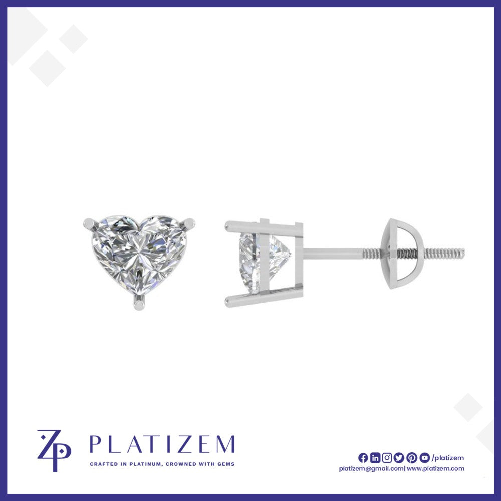 Four Prong Heart Shape Diamond Studs Secured with Threaded Screw Backs