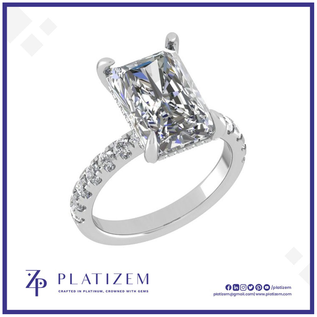 Platinum Radiant Cut Diamond Ring with Pavé Set Band