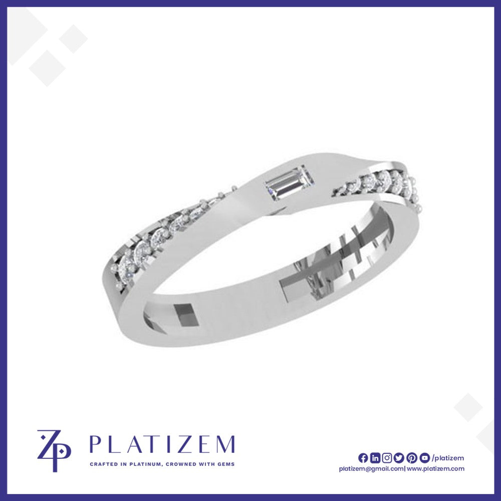Baguette Diamond Ring Flanked by Graduated Round Diamonds on a Twist Band