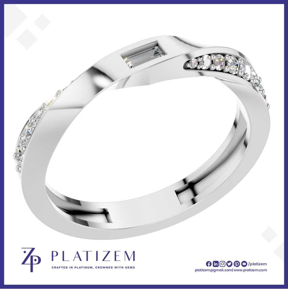 Baguette Diamond Ring Flanked by Graduated Round Diamonds on a Twist Band