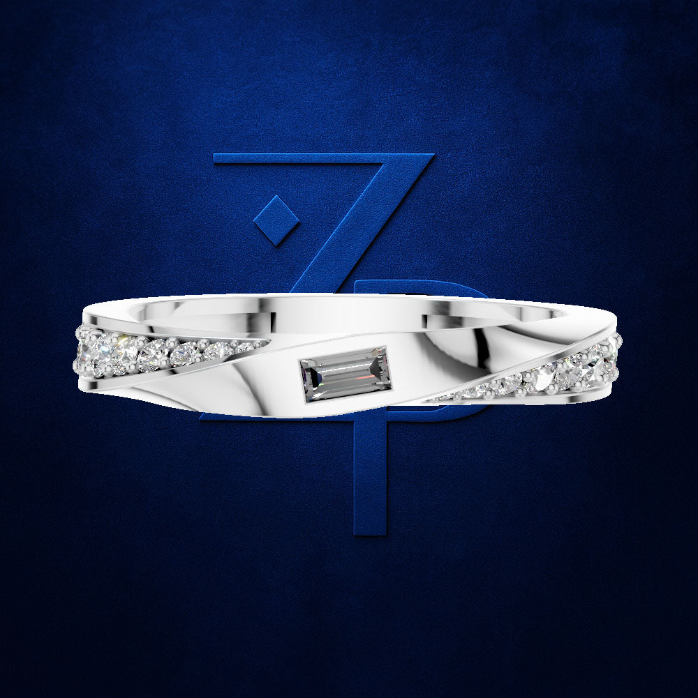 Baguette Diamond Ring Flanked by Graduated Round Diamonds on a Twist Band