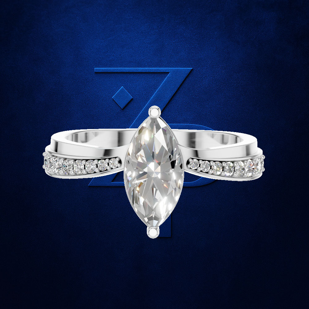 Marquise Diamond Ring on a Split Prong Band Lined with Round Diamonds
