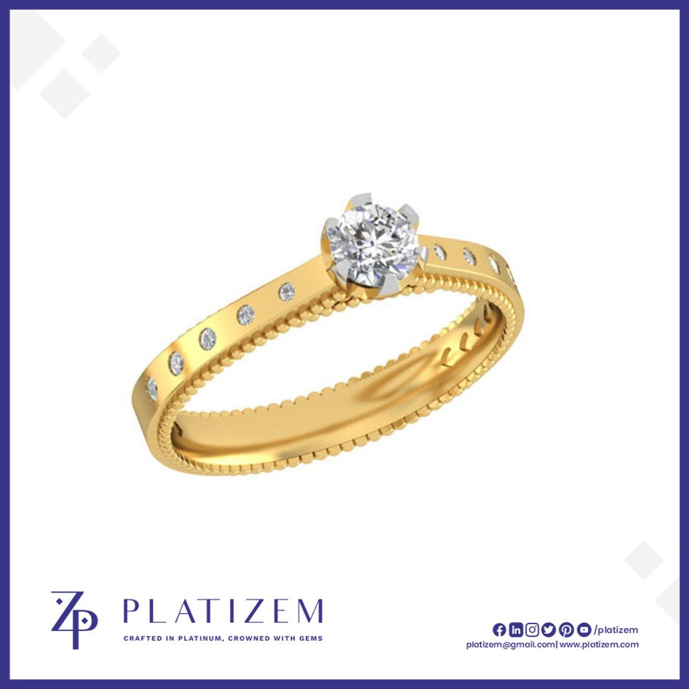 Round Diamond Ring with Bezel Set Round Diamonds Along a Milgrain Band