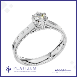 Round Diamond Ring with Bezel Set Round Diamonds Along a Milgrain Band