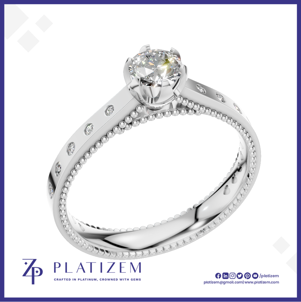 Round Diamond Ring with Bezel Set Round Diamonds Along a Milgrain Band