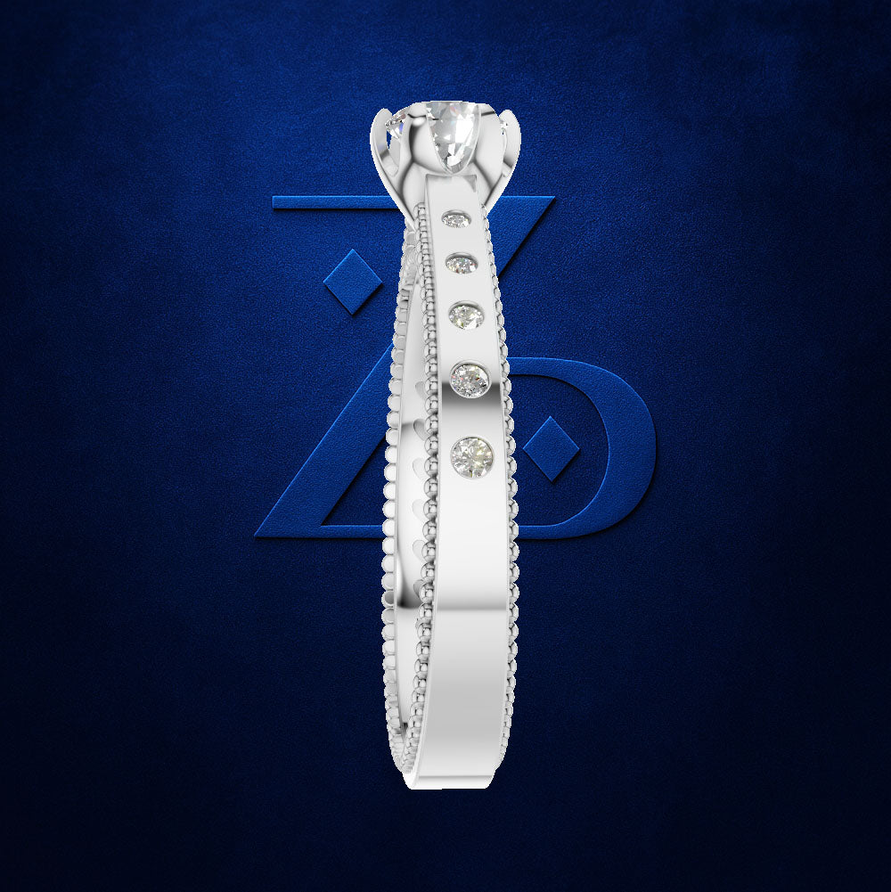 Round Diamond Ring with Bezel Set Round Diamonds Along a Milgrain Band