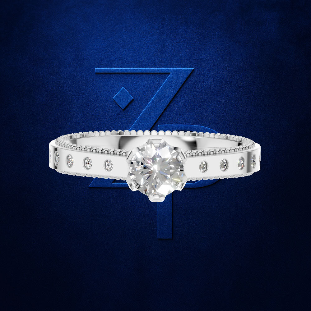 Round Diamond Ring with Bezel Set Round Diamonds Along a Milgrain Band