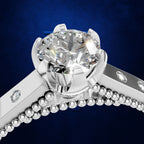 Round Diamond Ring with Bezel Set Round Diamonds Along a Milgrain Band