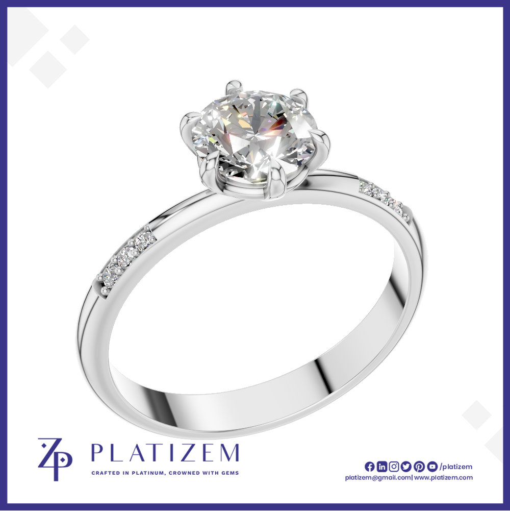 Round Diamond Solitaire Ring on a Band Set with Round Diamond Accents