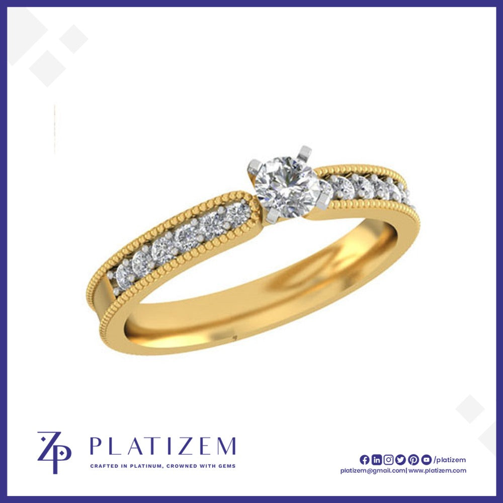 Round Diamond Ring on a Milgrain Trimmed Band Lined with Round Diamonds