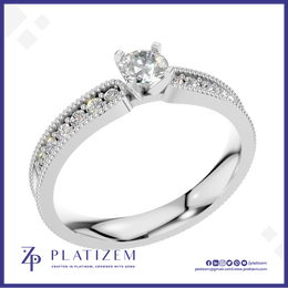 Round Diamond Ring on a Milgrain Trimmed Band Lined with Round Diamonds