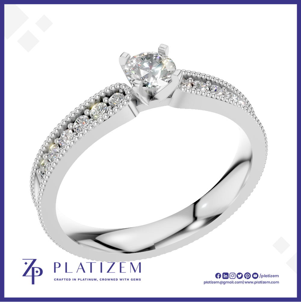 Round Diamond Ring on a Milgrain Trimmed Band Lined with Round Diamonds