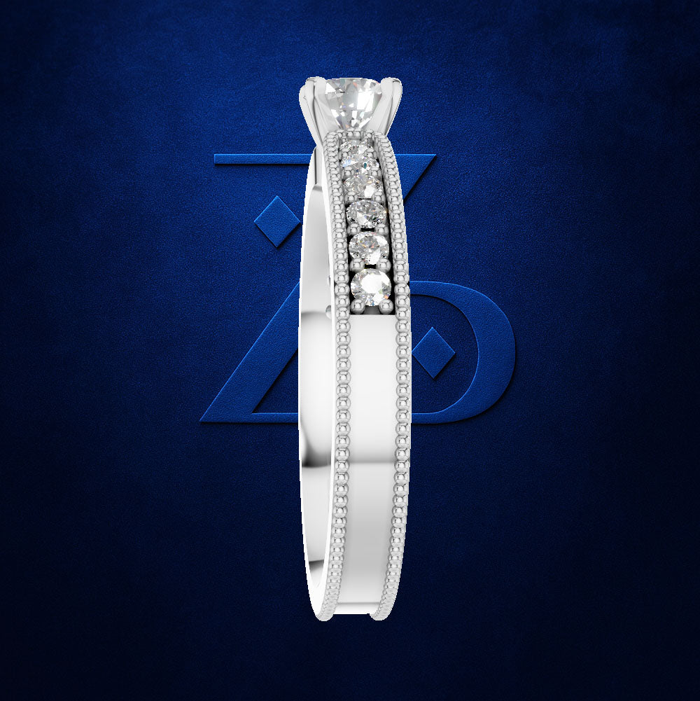 Round Diamond Ring on a Milgrain Trimmed Band Lined with Round Diamonds