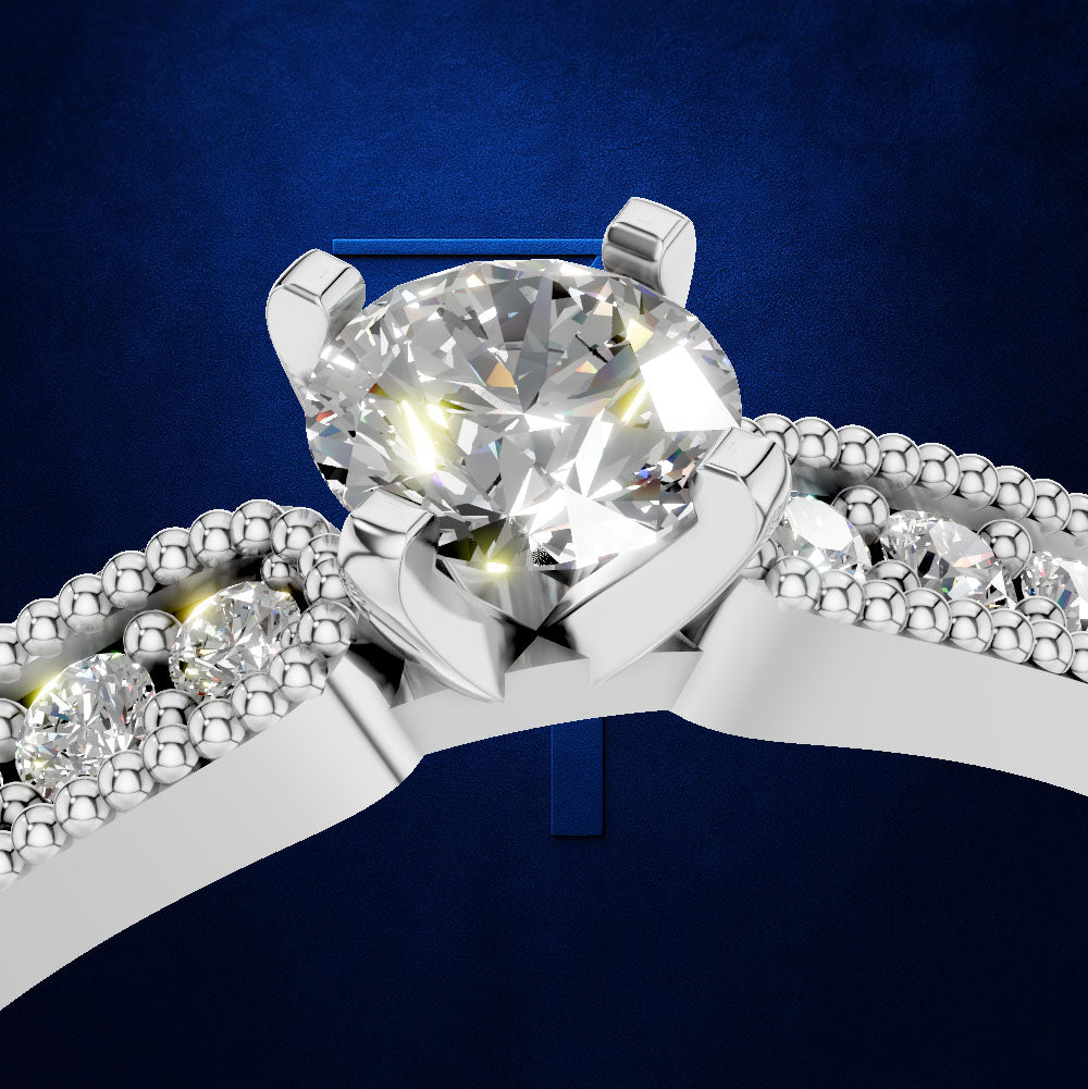 Round Diamond Ring on a Milgrain Trimmed Band Lined with Round Diamonds