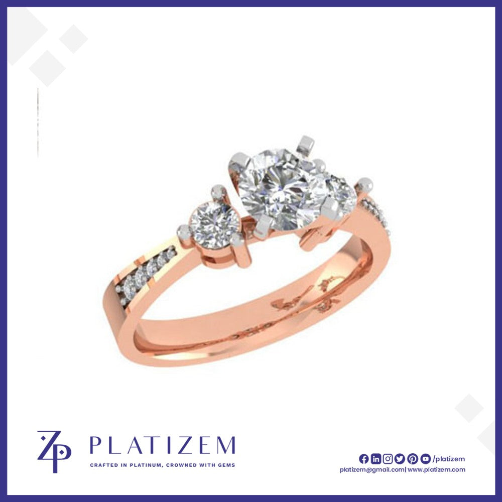Round Diamond Three Stone Ring with a Graduated Pave Set Diamond Band