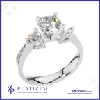 Round Diamond Three Stone Ring with a Graduated Pave Set Diamond Band