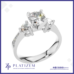 Round Diamond Three Stone Ring with a Graduated Pave Set Diamond Band