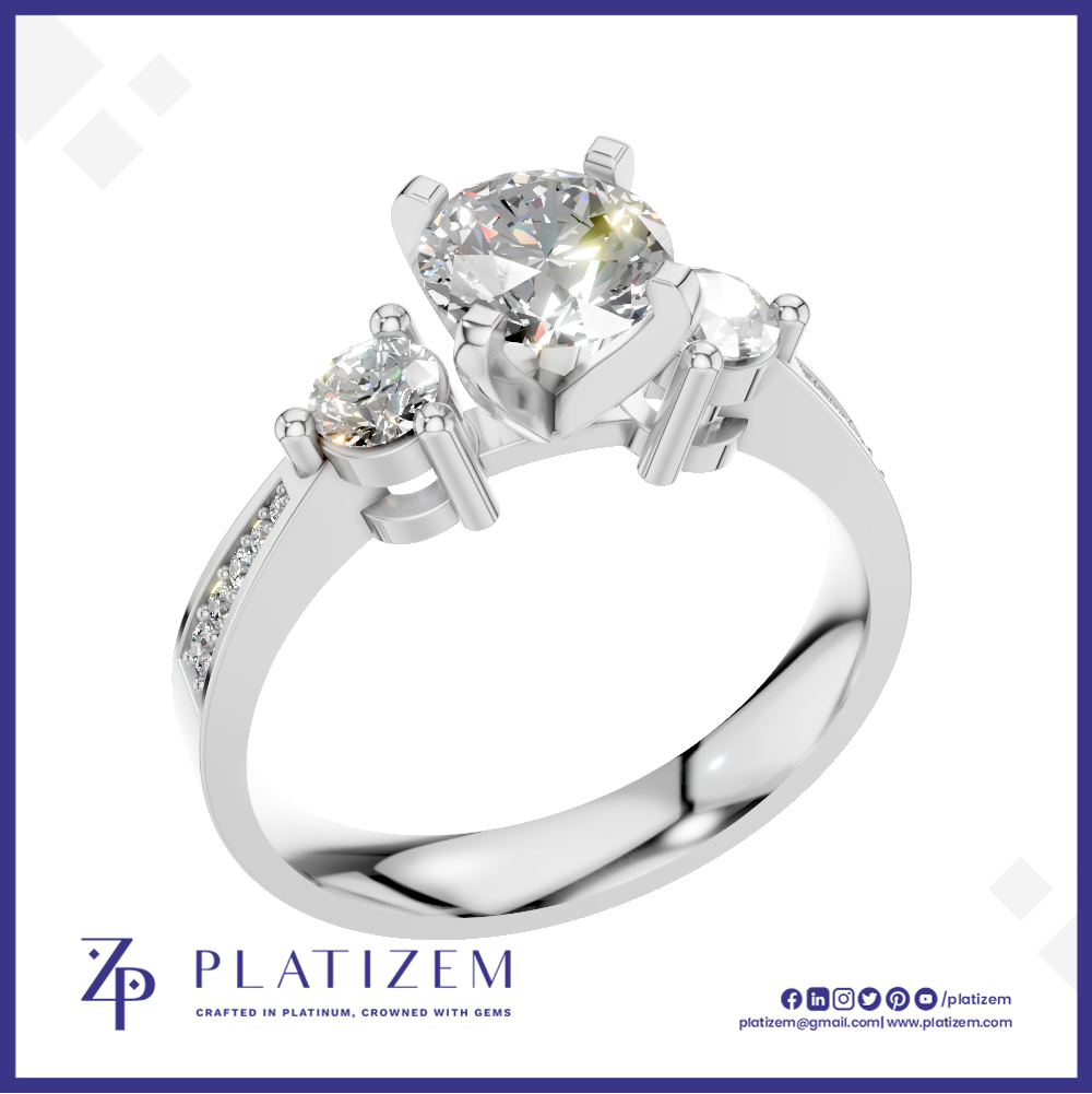 Round Diamond Three Stone Ring with a Graduated Pave Set Diamond Band